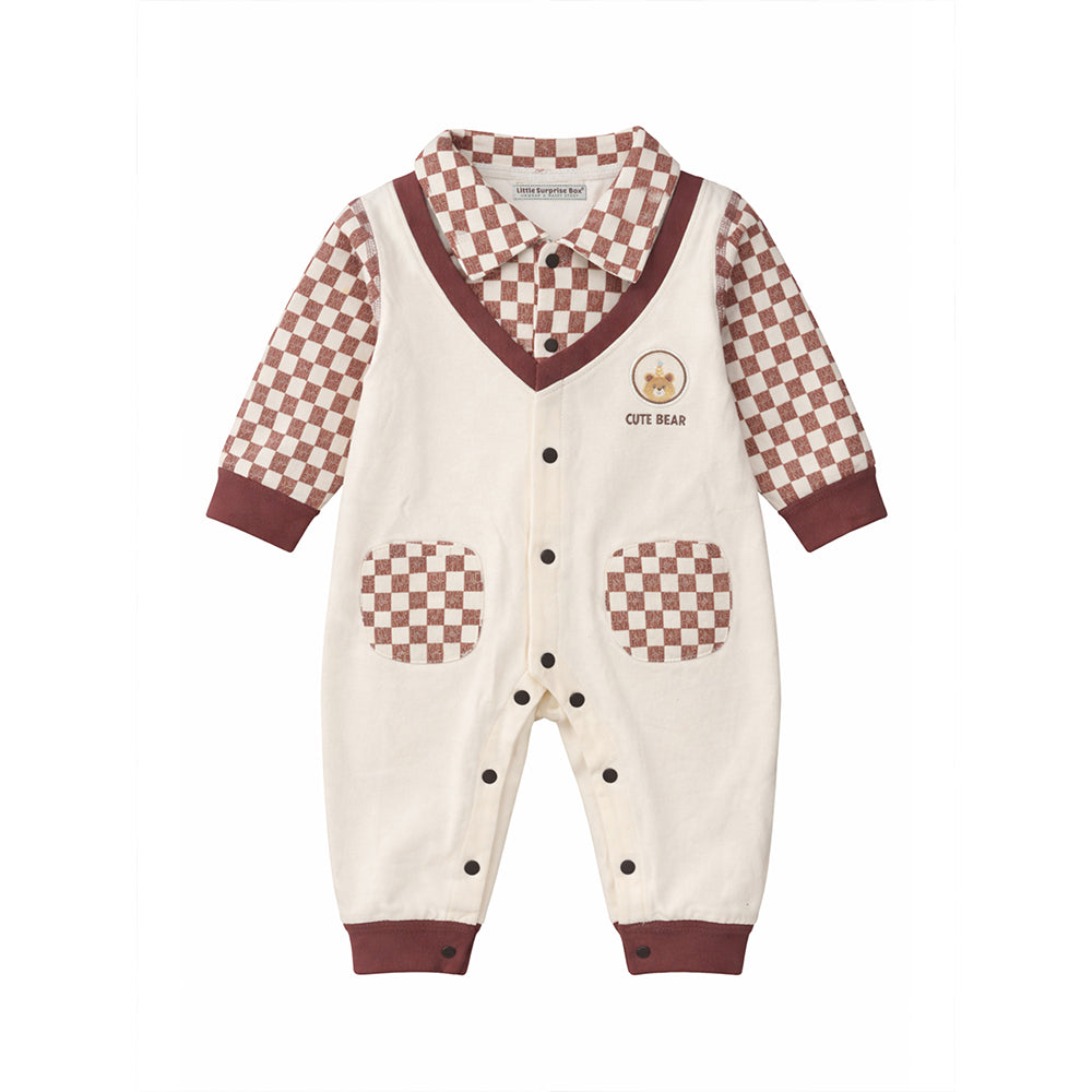 Brown Checks Collar, Full Sleeves Jumpsuit Romper for Tiny Toddlers
