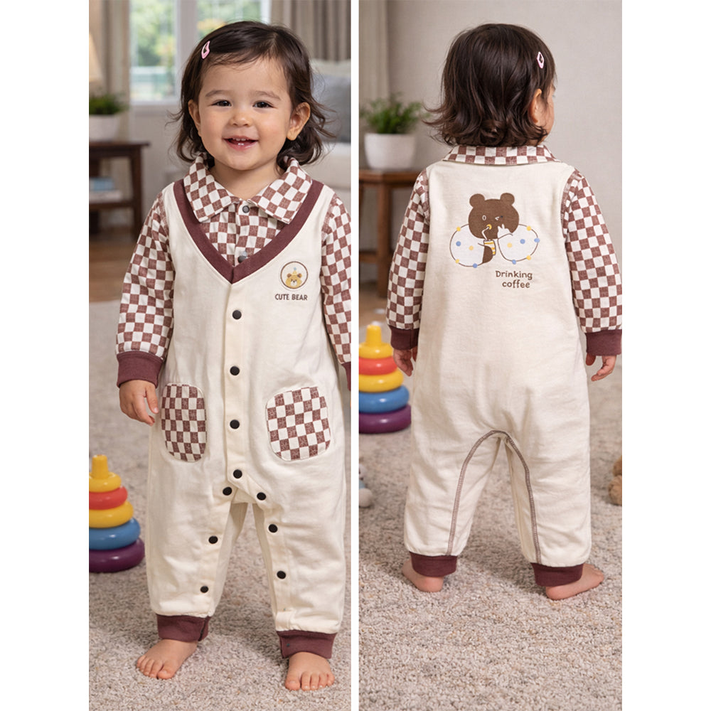 Brown Checks Collar, Full Sleeves Jumpsuit Romper for Tiny Toddlers