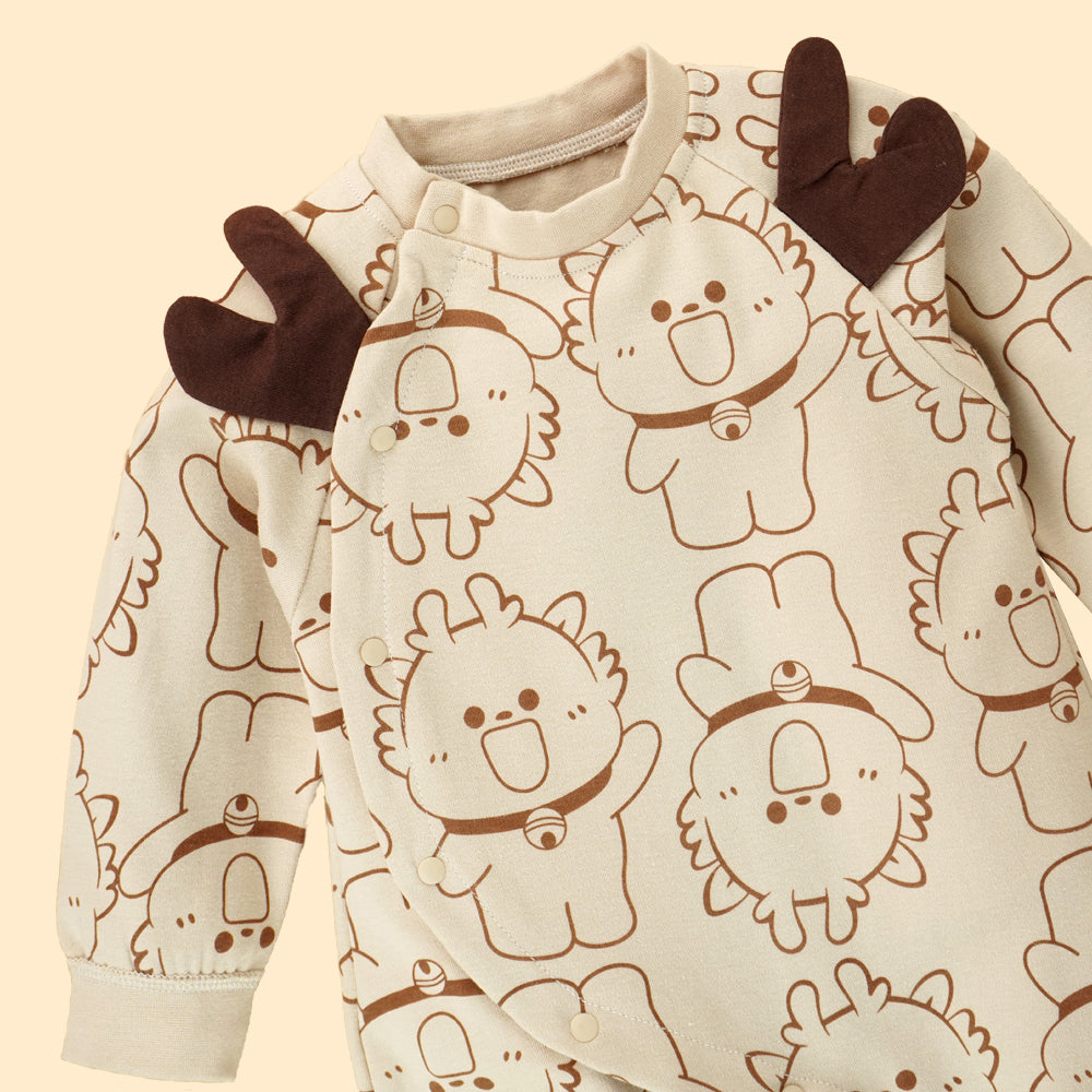 3D Brown Eared Reindeer theme full sleeves jumpsuit Romper for tiny toddlers