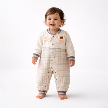 Brown and Cream Sailor Collar Brave Bear Full Sleeves Jumpsuit Romper for Tiny Toddlers