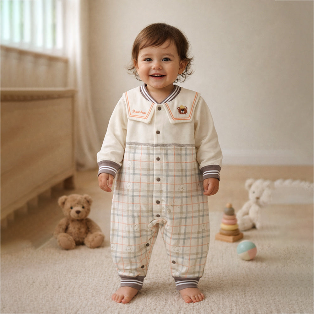Brown and Cream Sailor Collar Brave Bear Full Sleeves Jumpsuit Romper for Tiny Toddlers