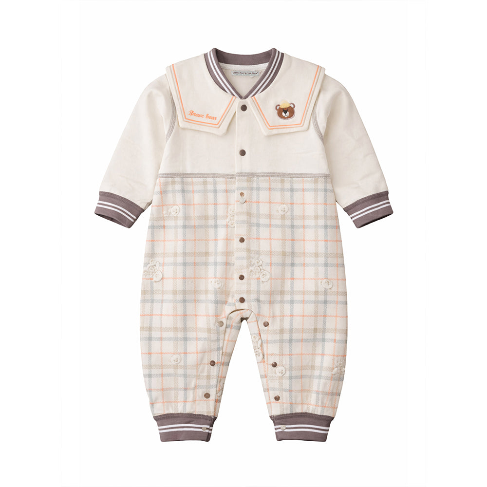 Brown and Cream Sailor Collar Brave Bear Full Sleeves Jumpsuit Romper for Tiny Toddlers