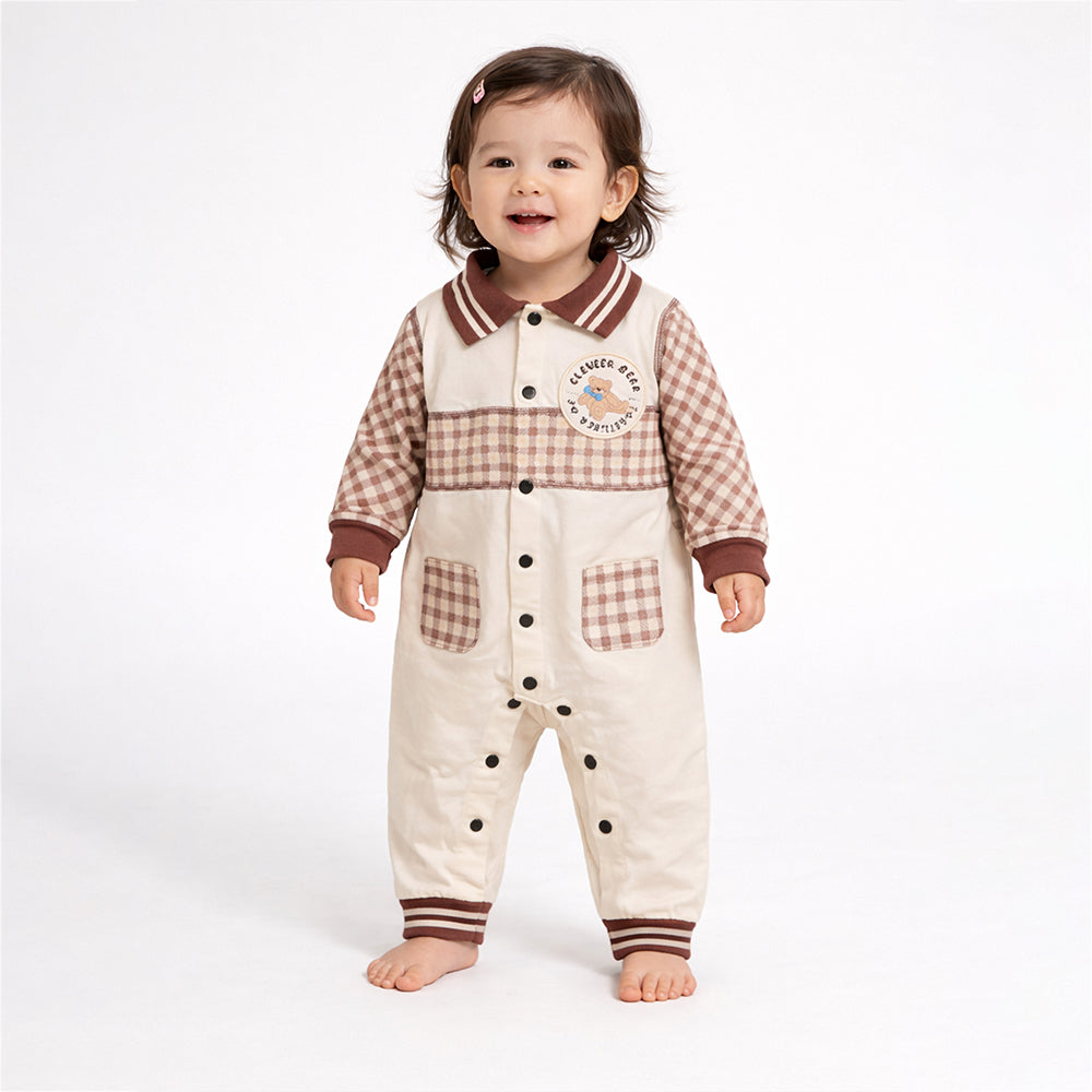 Brown Striped Collar, Full Sleeves Jumpsuit Romper for Tiny Toddlers