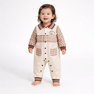 Brown Striped Collar, Full Sleeves Jumpsuit Romper for Tiny Toddlers