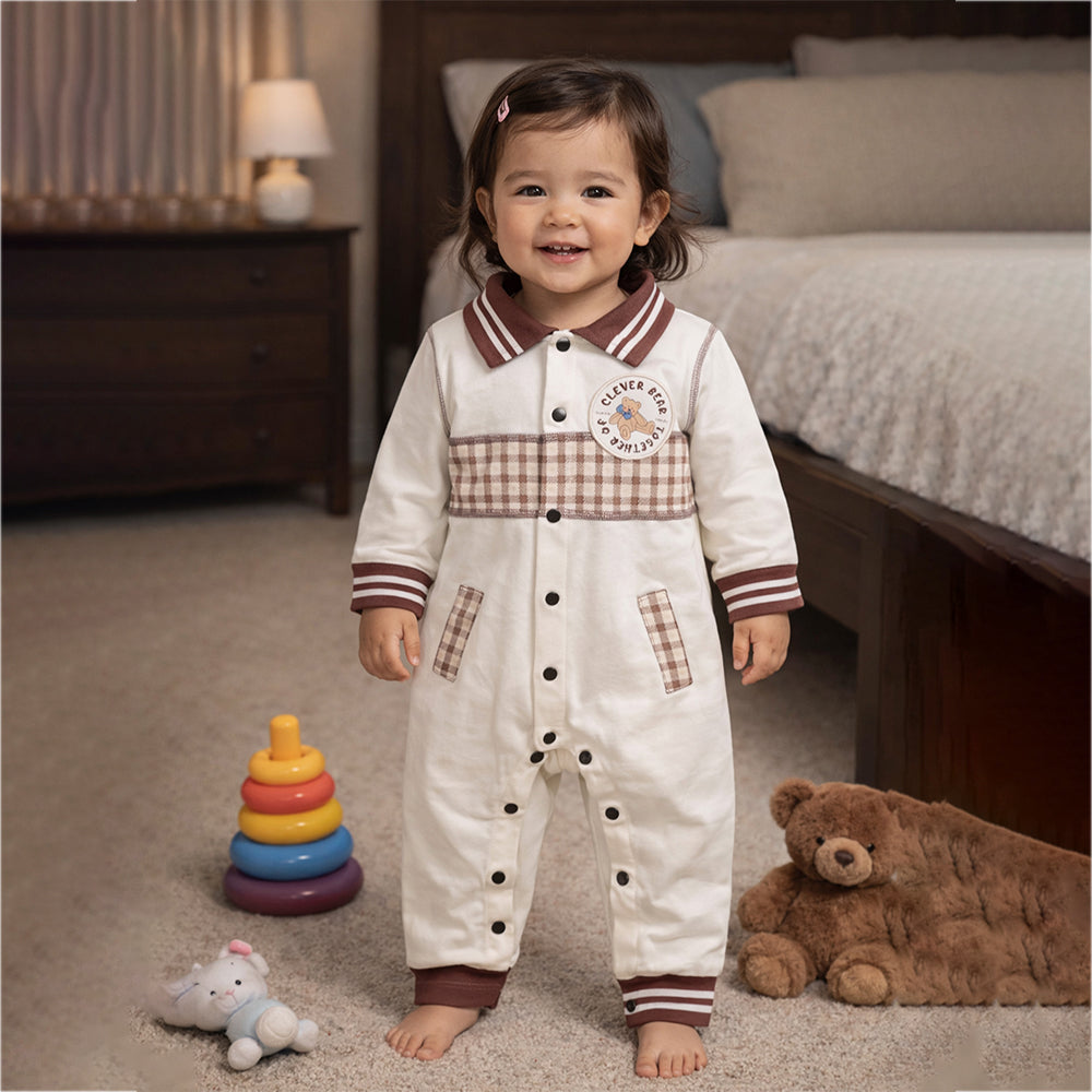 Brown Striped Collar, Full Sleeves Jumpsuit Romper for Tiny Toddlers