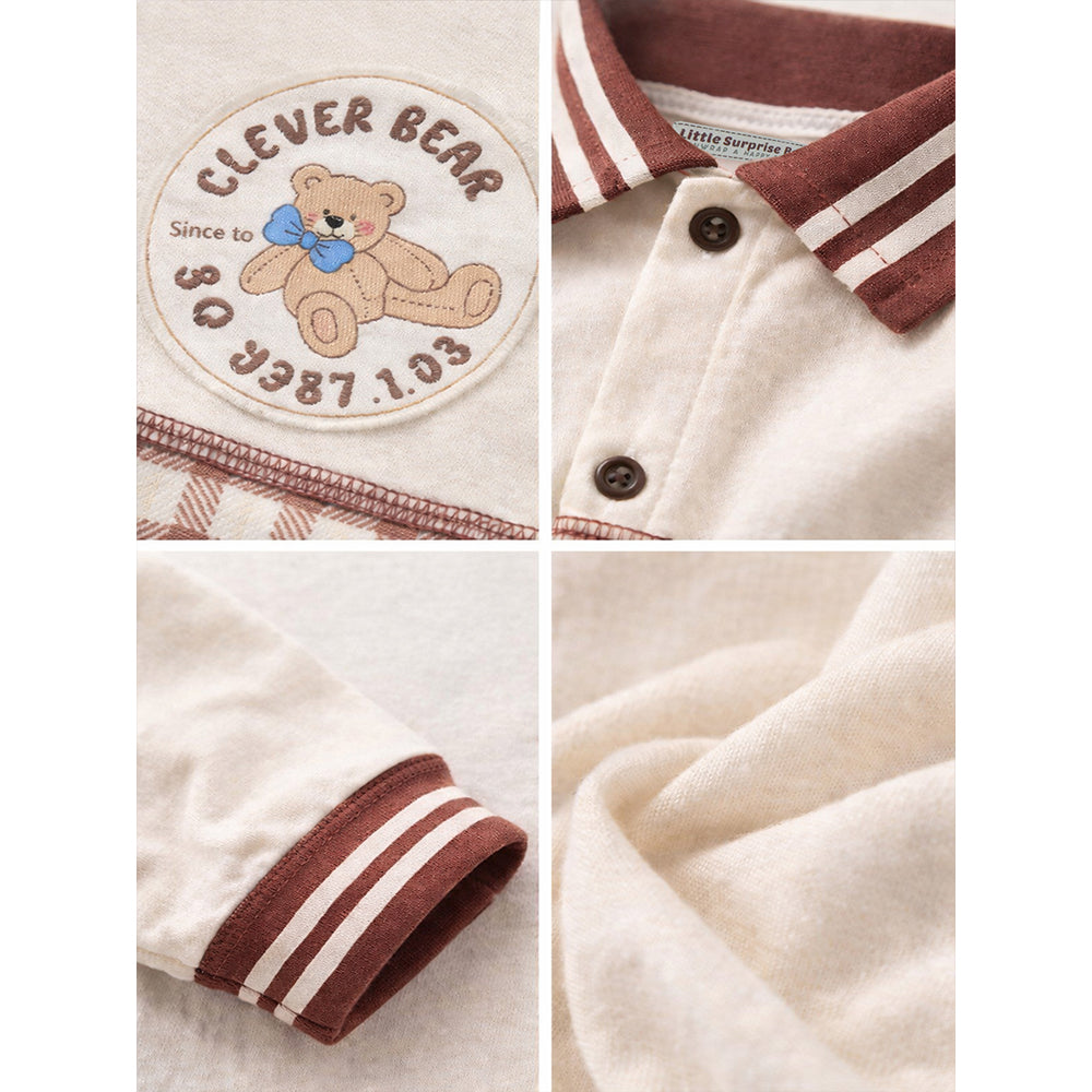Brown Striped Collar, Full Sleeves Jumpsuit Romper for Tiny Toddlers