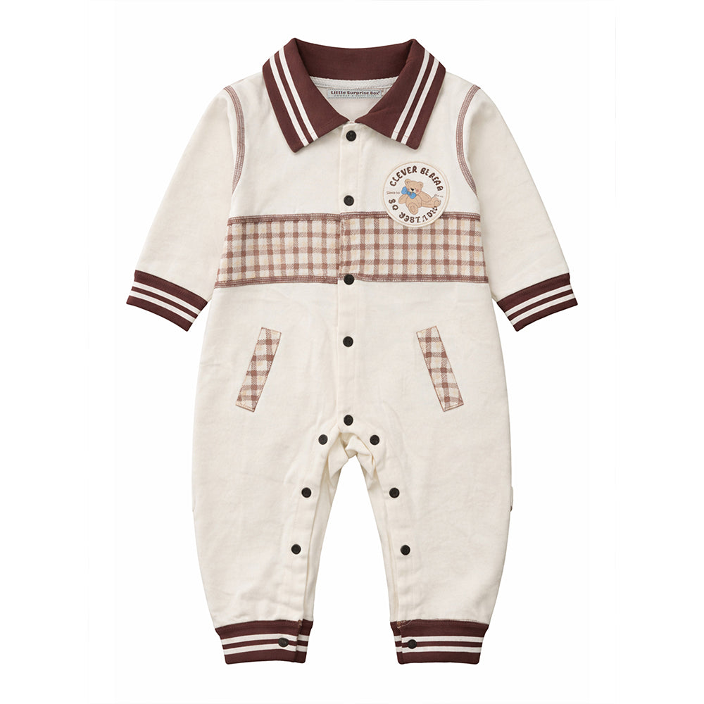 Brown Striped Collar, Full Sleeves Jumpsuit Romper for Tiny Toddlers