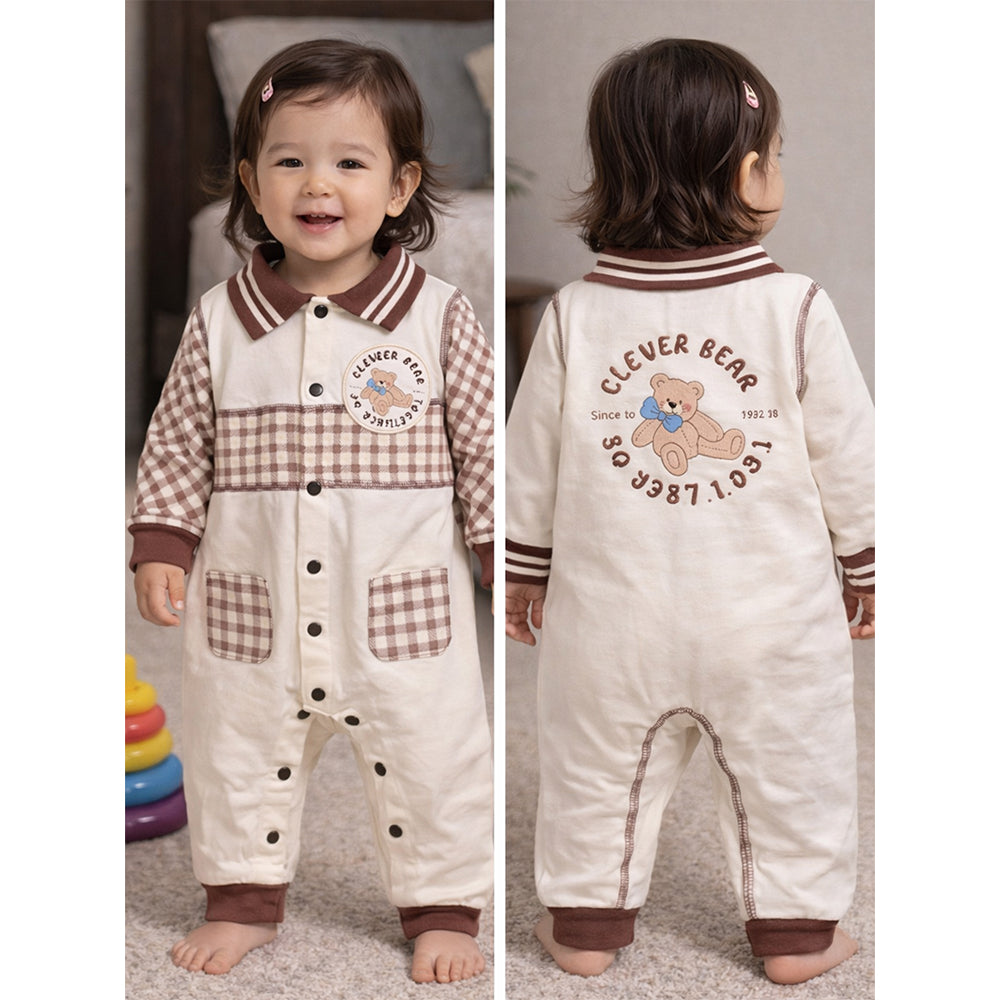 Brown Striped Collar, Full Sleeves Jumpsuit Romper for Tiny Toddlers
