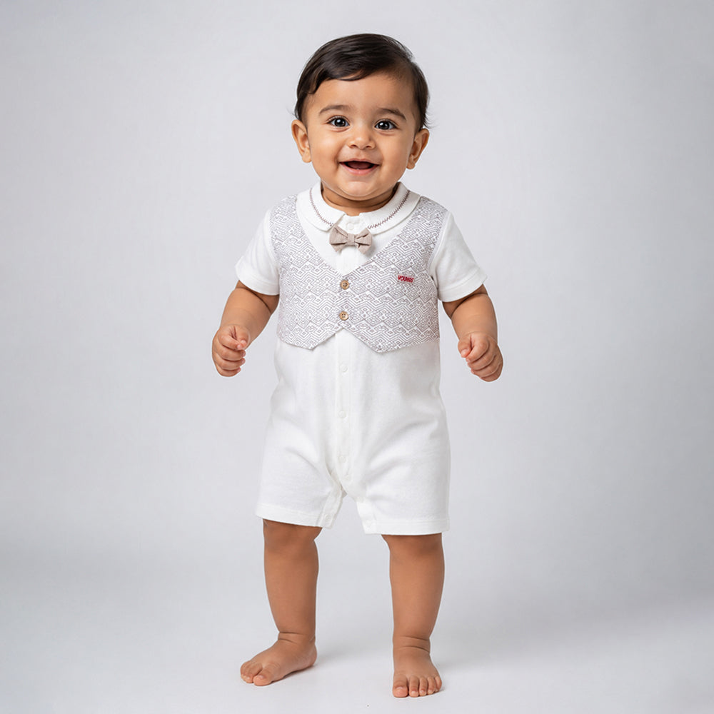 Cream & Beige Bow Waistcoat Romper for Tiny Toddlers