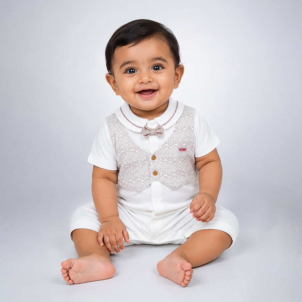 Cream & Beige Bow Waistcoat Romper for Tiny Toddlers