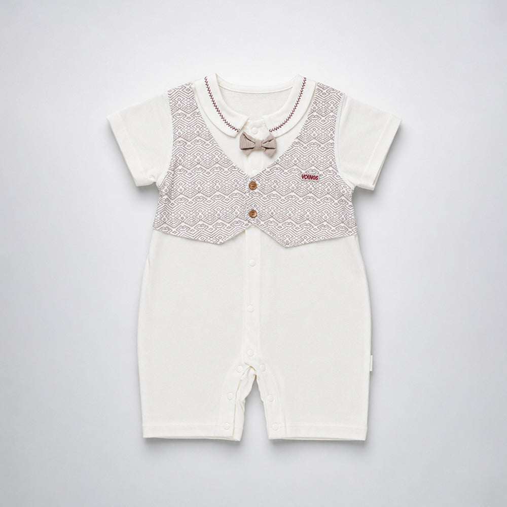 Cream & Beige Bow Waistcoat Romper for Tiny Toddlers