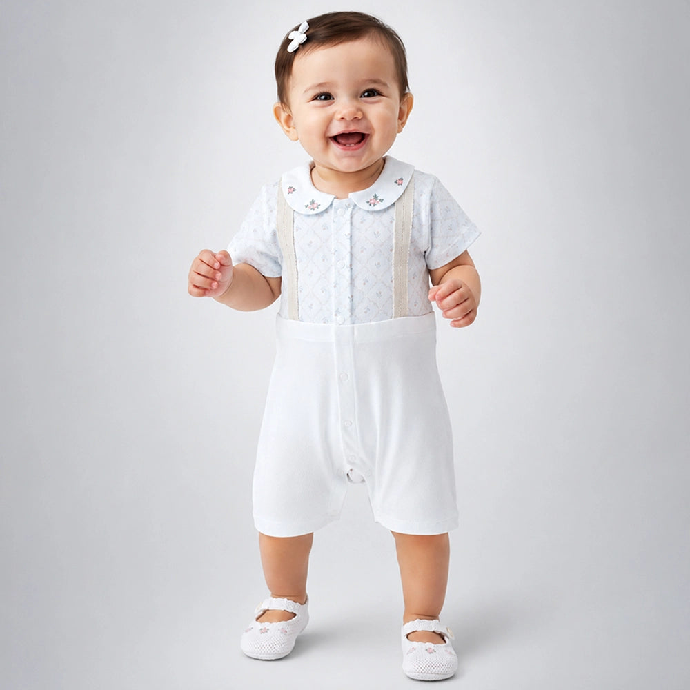 Cream Floral Collar Suspender-Style Romper for Tiny Toddlers