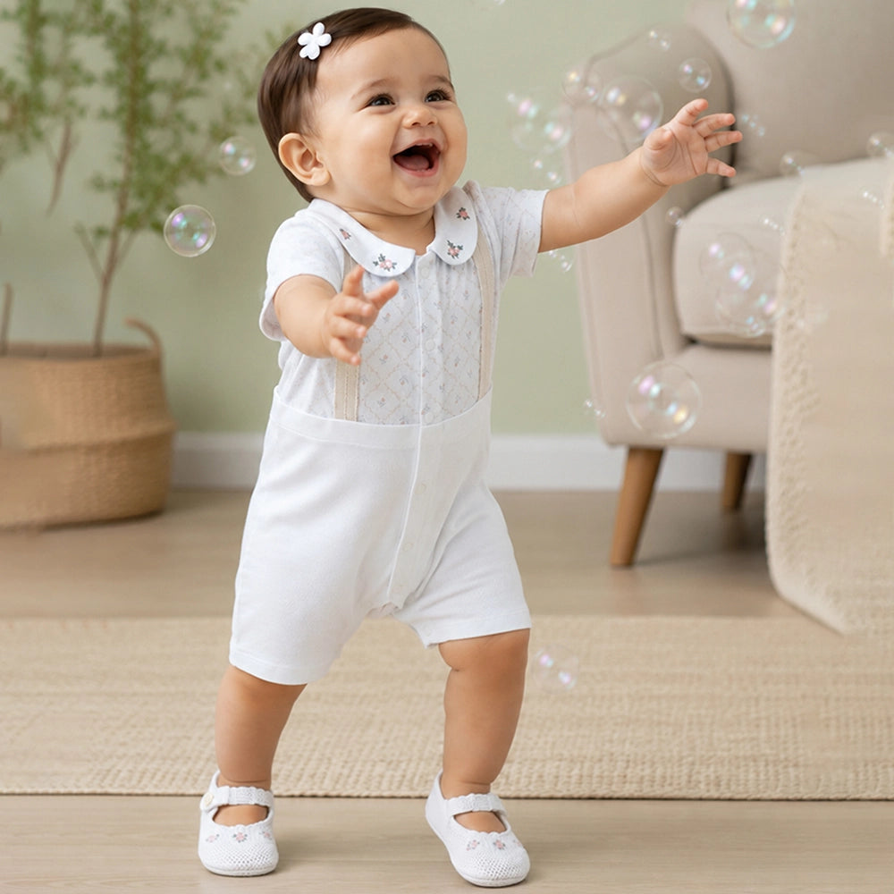Cream Floral Collar Suspender-Style Romper for Tiny Toddlers