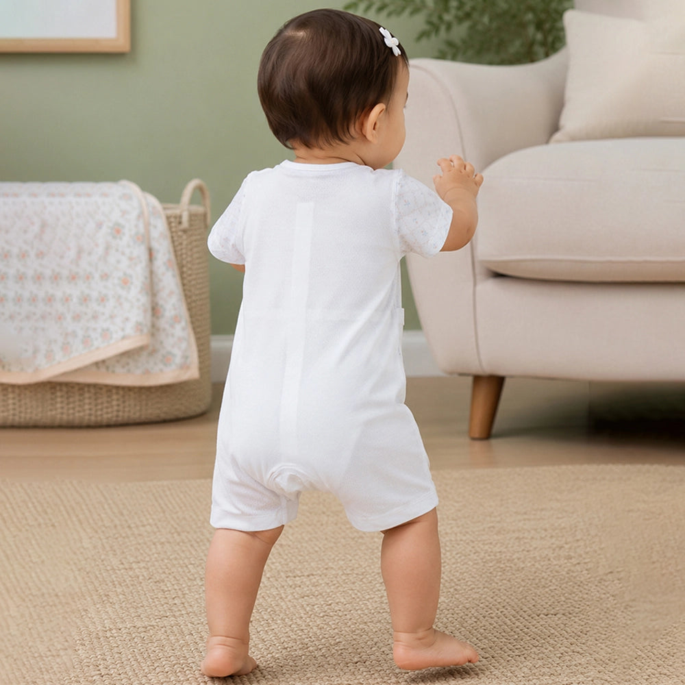 Cream Floral Collar Suspender-Style Romper for Tiny Toddlers