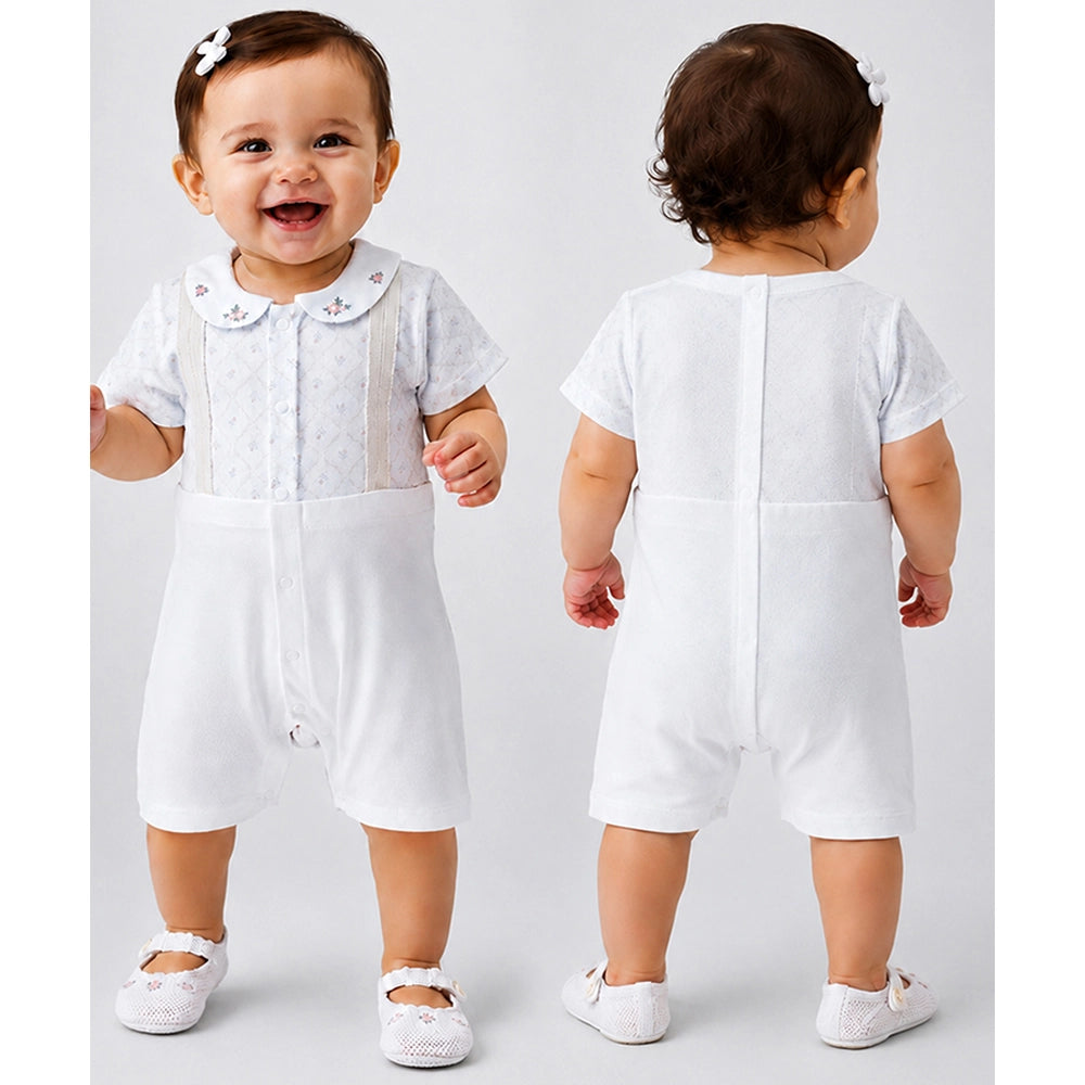 Cream Floral Collar Suspender-Style Romper for Tiny Toddlers