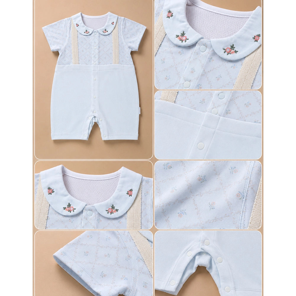 Cream Floral Collar Suspender-Style Romper for Tiny Toddlers