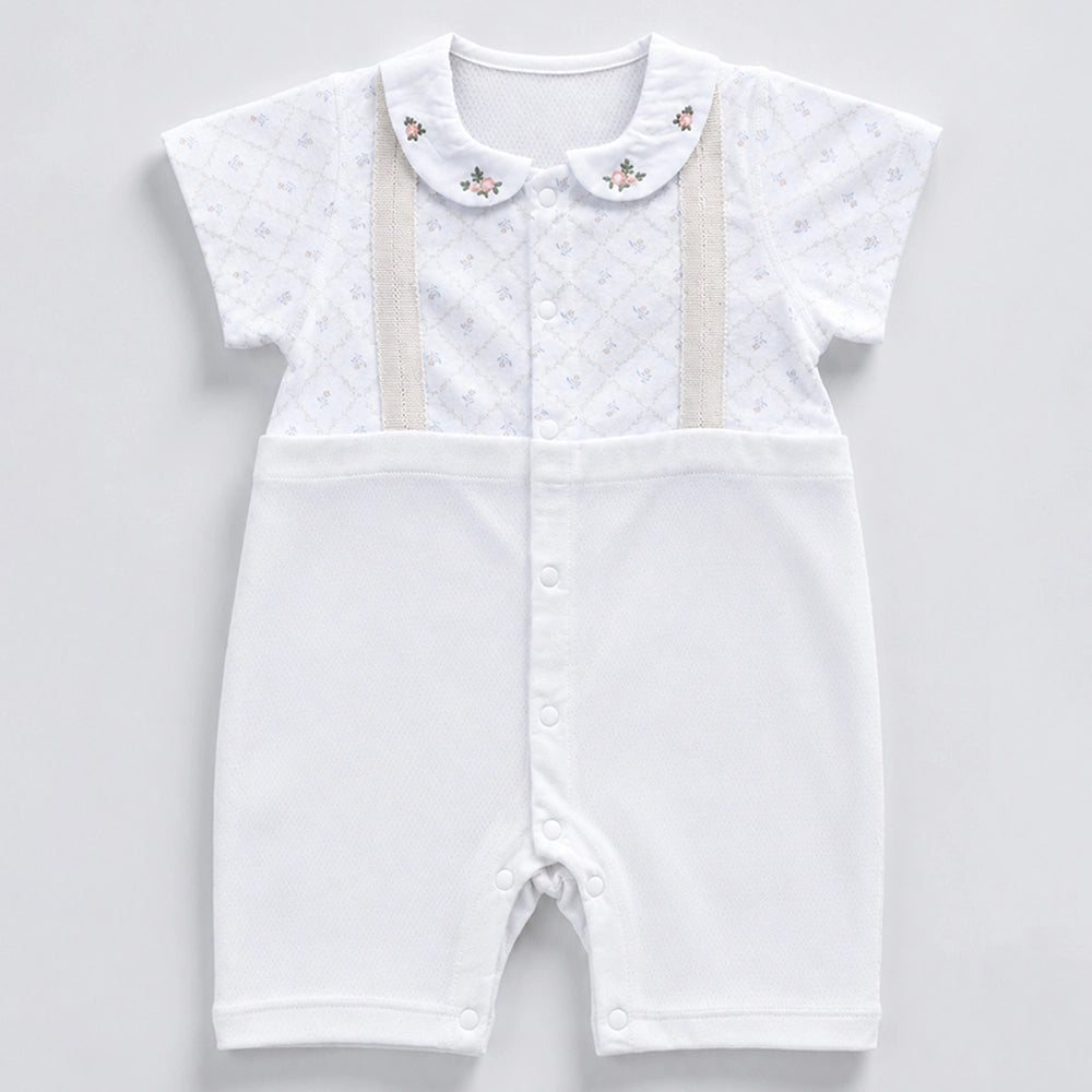 Cream Floral Collar Suspender-Style Romper for Tiny Toddlers