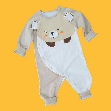 Cream 3D Eared Bear  full sleeves jumpsuit Romper for tiny toddlers