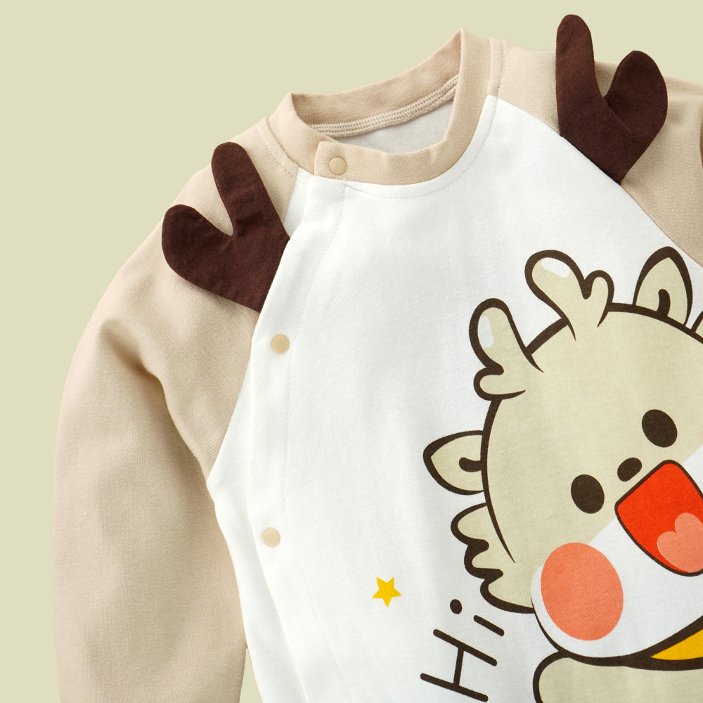 Cream Brown 3d Ear Reindeer theme full sleeves jumpsuit Romper for tiny toddlers