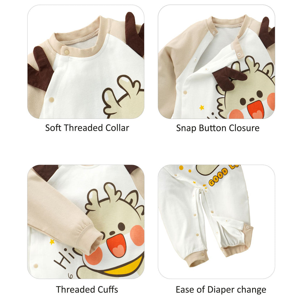 Cream Brown 3d Ear Reindeer theme full sleeves jumpsuit Romper for tiny toddlers