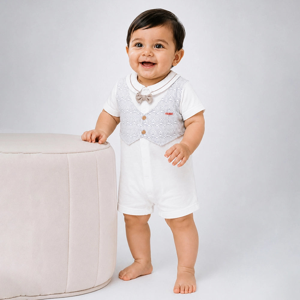 Cream & Grey Bow Waistcoat Romper for Tiny Toddlers