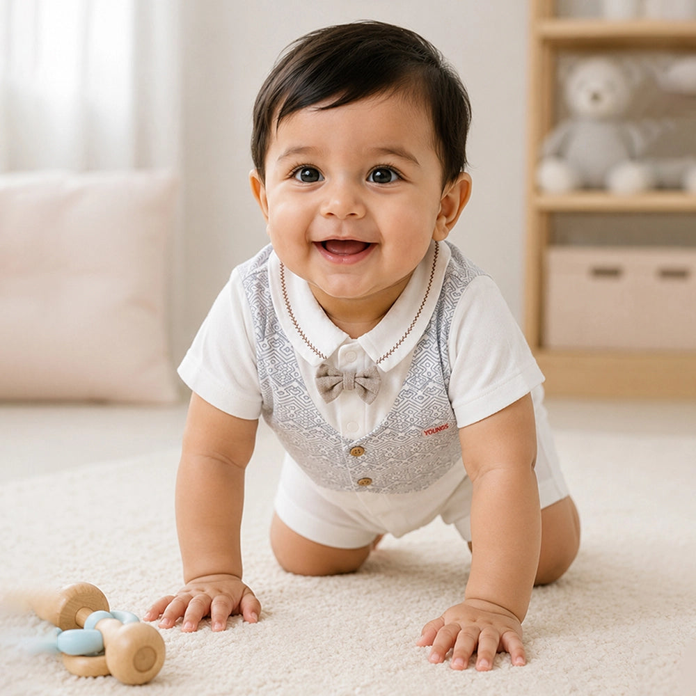 Cream & Grey Bow Waistcoat Romper for Tiny Toddlers