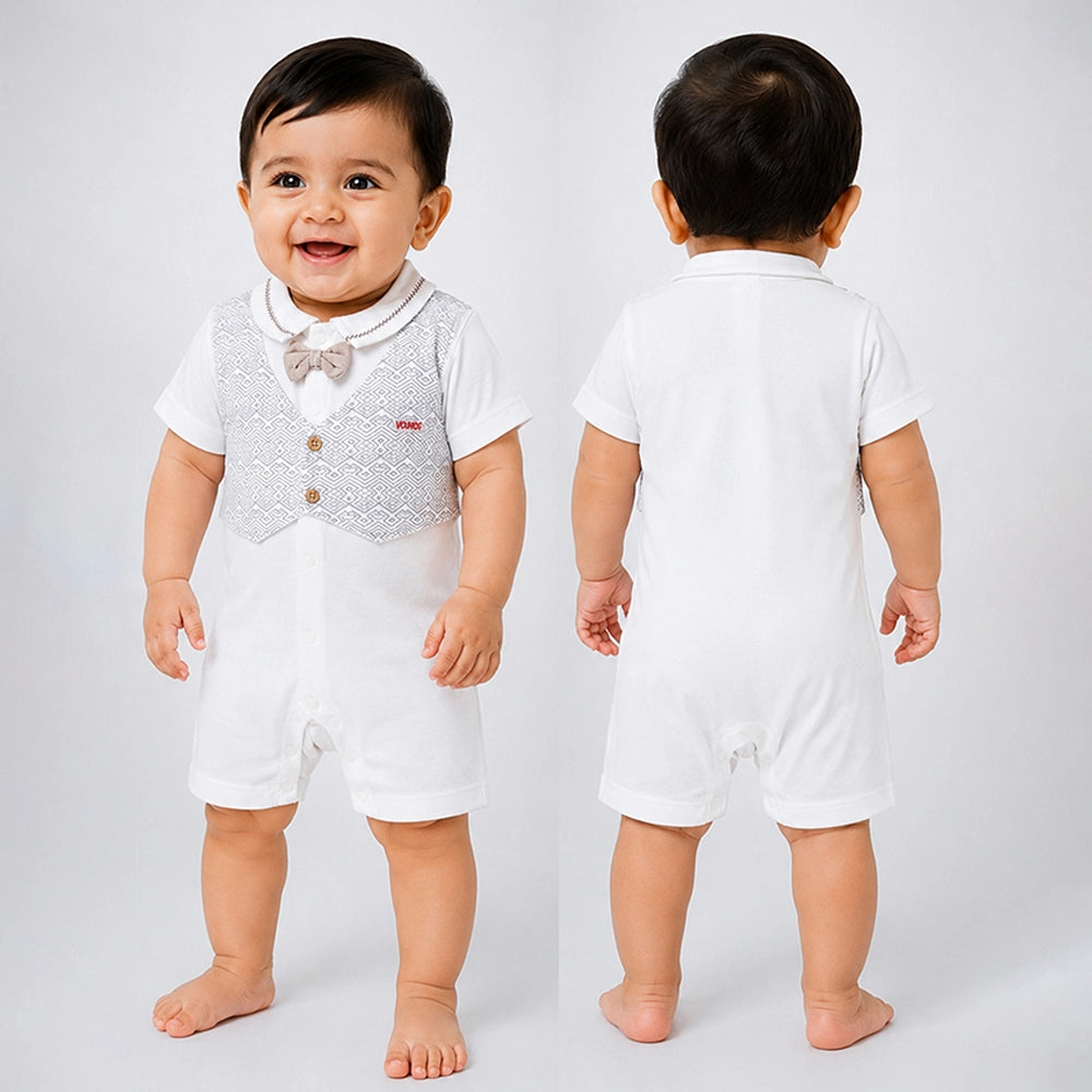 Cream & Grey Bow Waistcoat Romper for Tiny Toddlers
