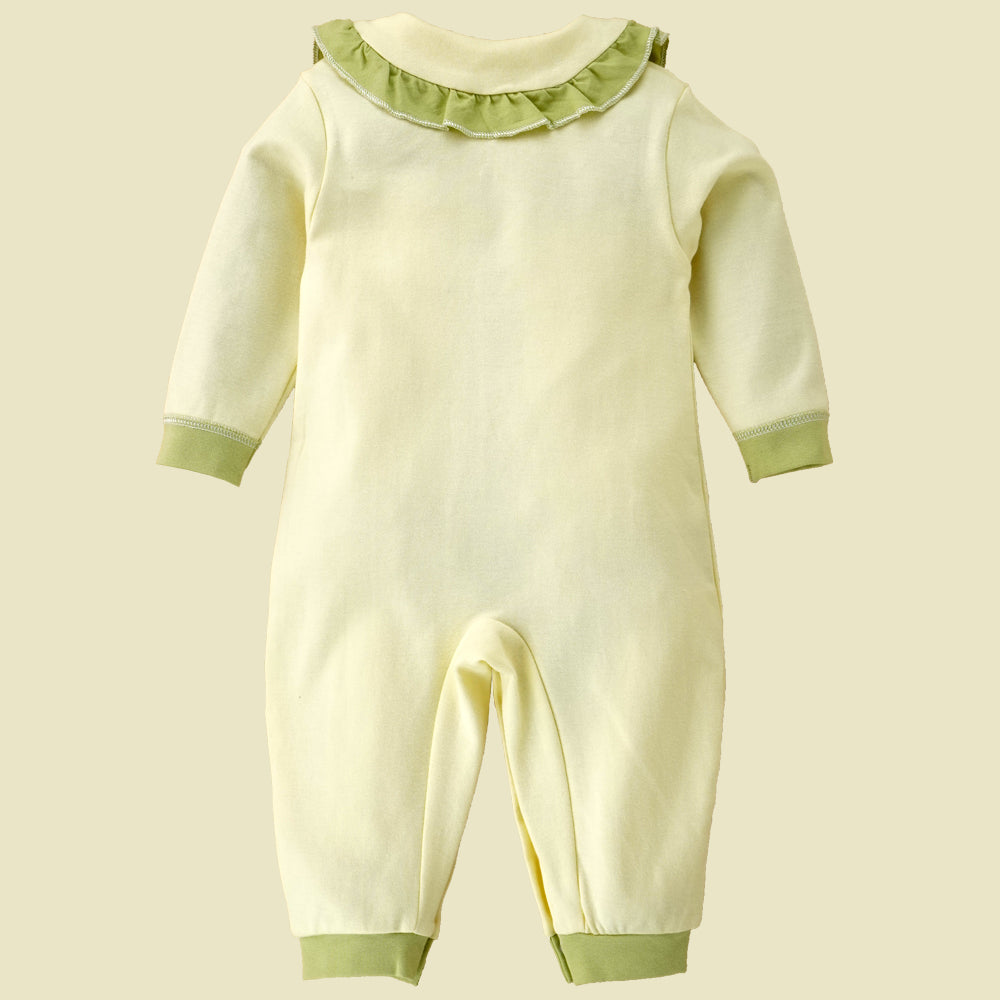 Cream Ruffled Green neck Floaral pattern full sleeves Romper for Tiny Toddlers
