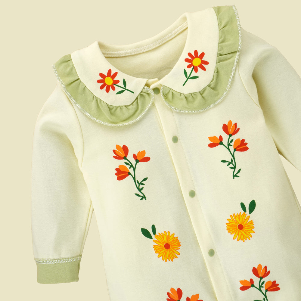 Cream Ruffled Green neck Floaral pattern full sleeves Romper for Tiny Toddlers