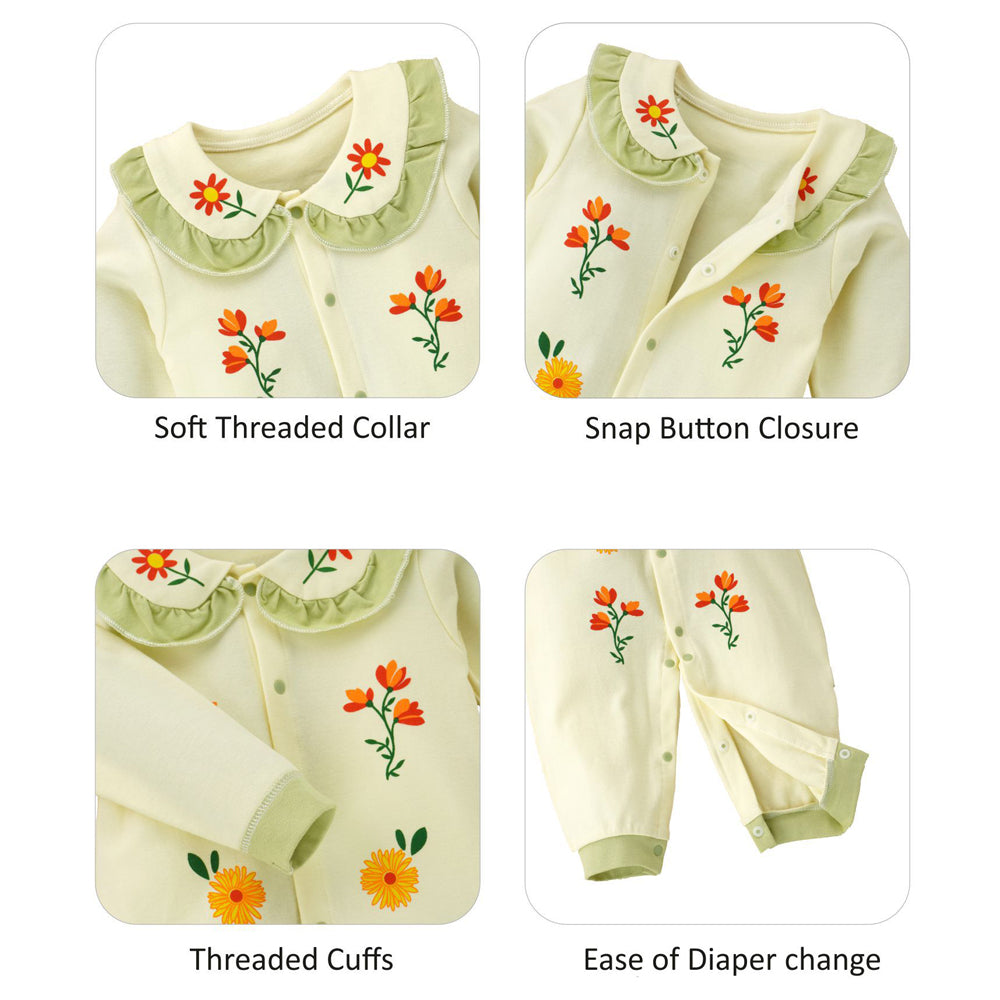 Cream Ruffled Green neck Floaral pattern full sleeves Romper for Tiny Toddlers
