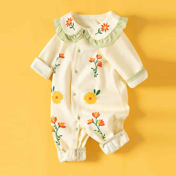 Cream Ruffled Green neck Floaral pattern full sleeves Romper for Tiny Toddlers