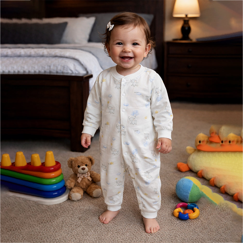 Elephants holding Balloons, Full Sleeves Jumpsuit Romper for Tiny Toddlers