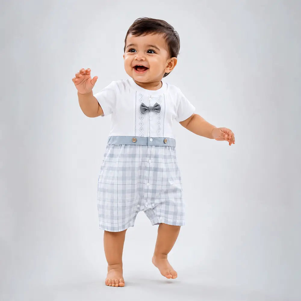 Grey Checkered Bow Tie Romper for Tiny Toddlers
