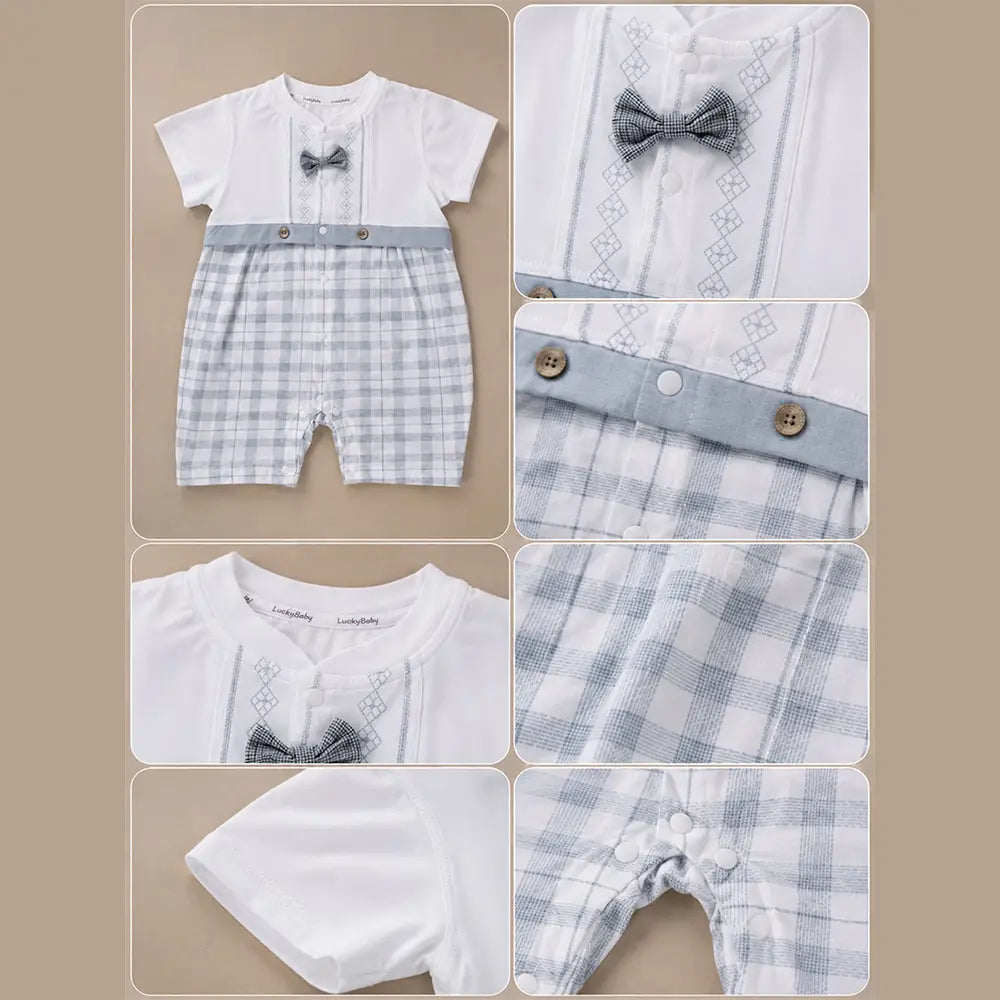 Grey Checkered Bow Tie Romper for Tiny Toddlers