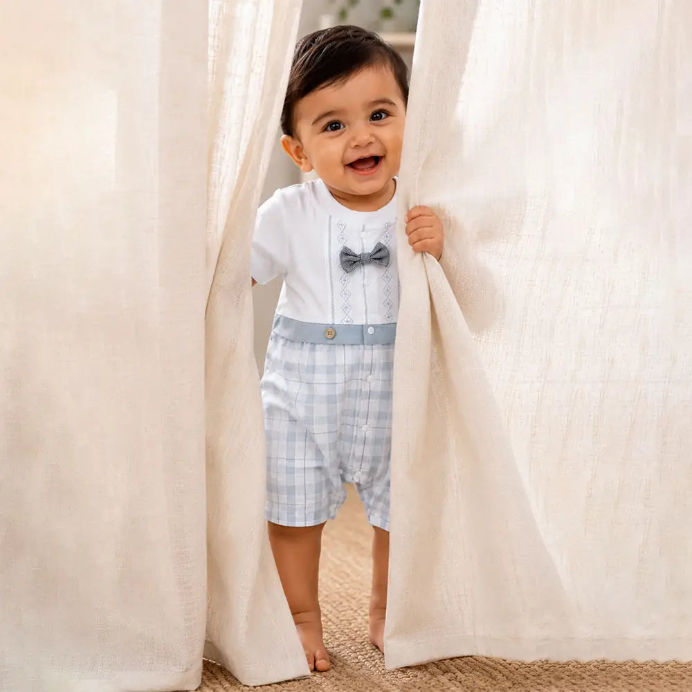 Grey Checkered Bow Tie Romper for Tiny Toddlers
