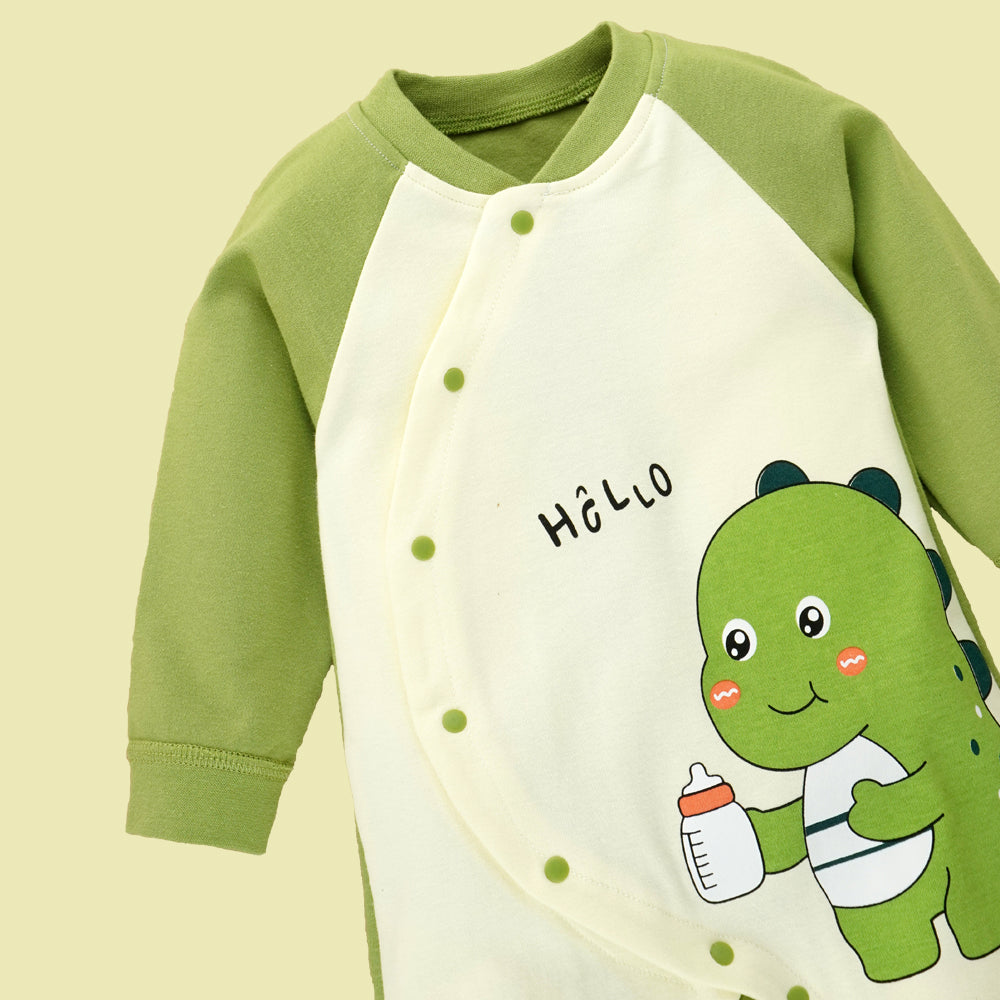 Green Baby Bottle Dino full sleeves jumpsuit style Romper for Tiny Toddlers