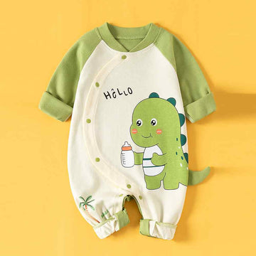 Green Baby Bottle Dino full sleeves jumpsuit style Romper for Tiny Toddlers