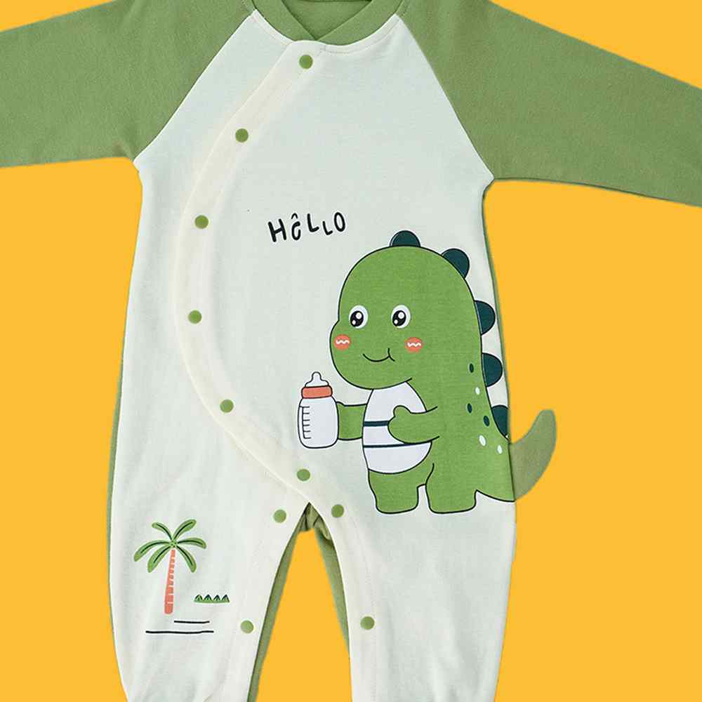 Green Baby Bottle Dino full sleeves jumpsuit style Romper for Tiny Toddlers