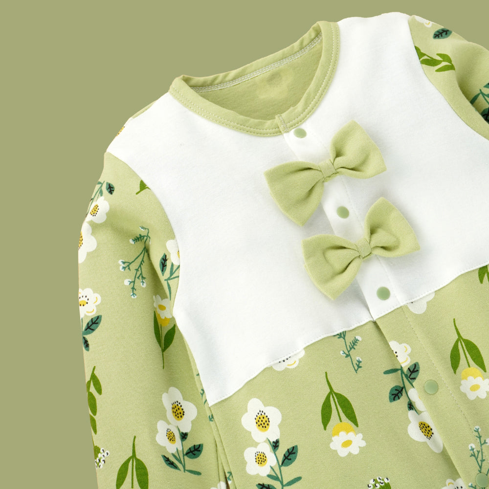 Green Bow & Florals full sleeves jumpsuit style Romper for Tiny Toddlers