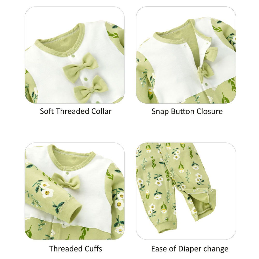 Green Bow & Florals full sleeves jumpsuit style Romper for Tiny Toddlers