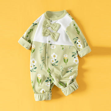 Green Bow & Florals full sleeves jumpsuit style Romper for Tiny Toddlers