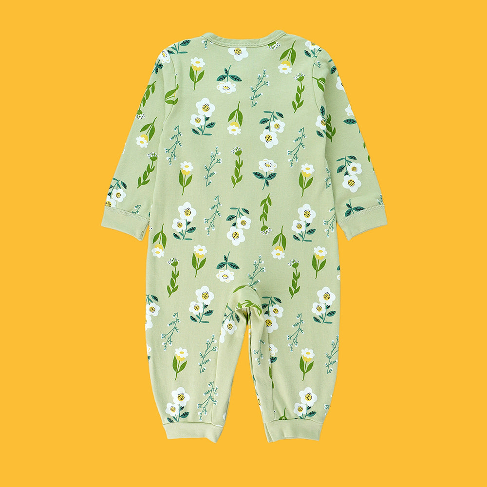 Green Bow & Florals full sleeves jumpsuit style Romper for Tiny Toddlers