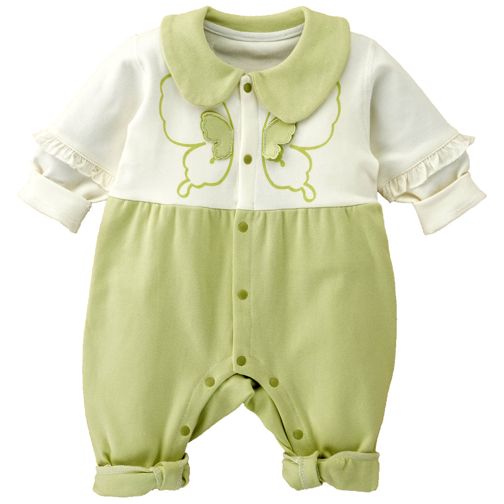 Green & Cream  Butterfly full sleeves jumpsuit style Romper for Tiny Toddlers