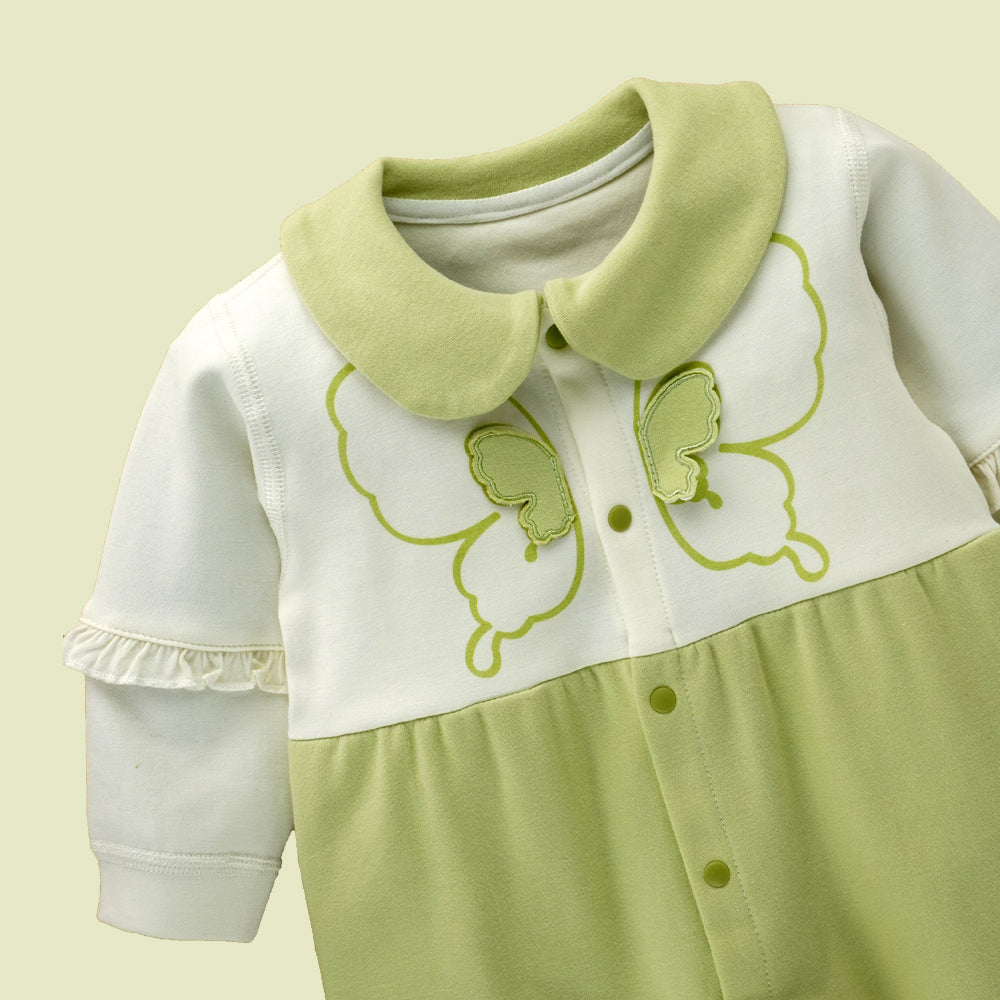 Green & Cream  Butterfly full sleeves jumpsuit style Romper for Tiny Toddlers