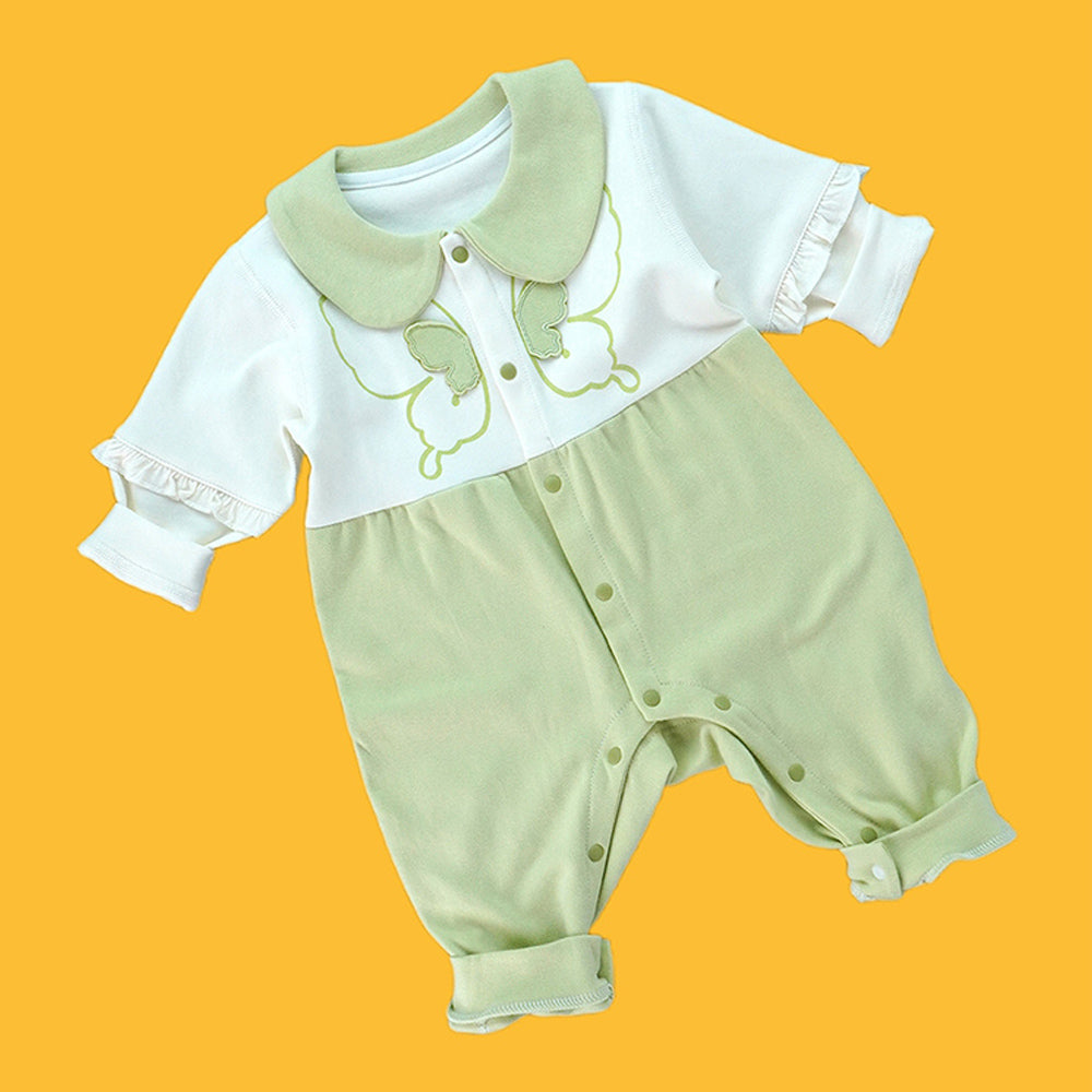 Green & Cream  Butterfly full sleeves jumpsuit style Romper for Tiny Toddlers