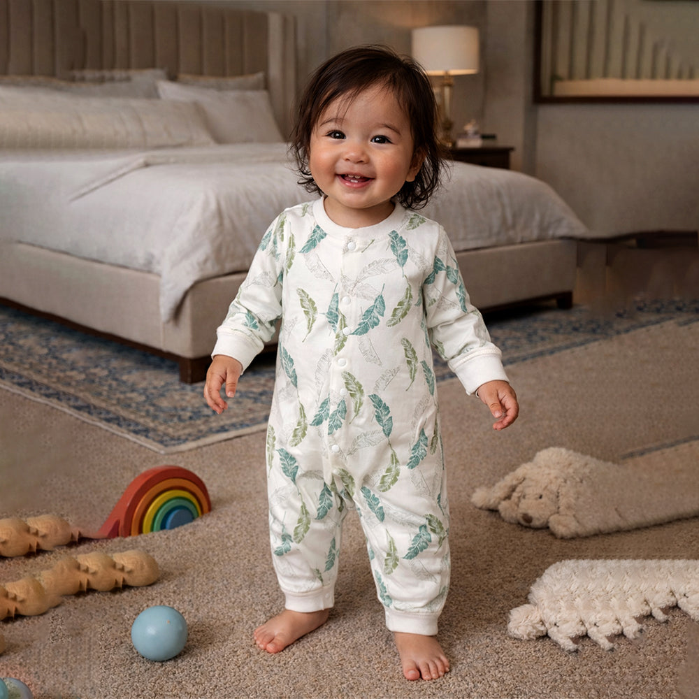 Green Leaves, Full Sleeves Jumpsuit Romper for Tiny Toddlers
