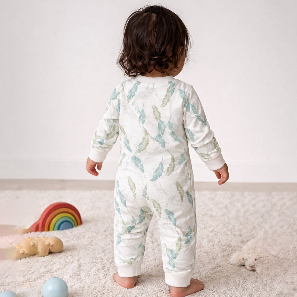 Green Leaves, Full Sleeves Jumpsuit Romper for Tiny Toddlers