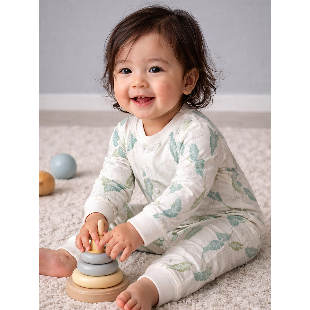 Green Leaves, Full Sleeves Jumpsuit Romper for Tiny Toddlers