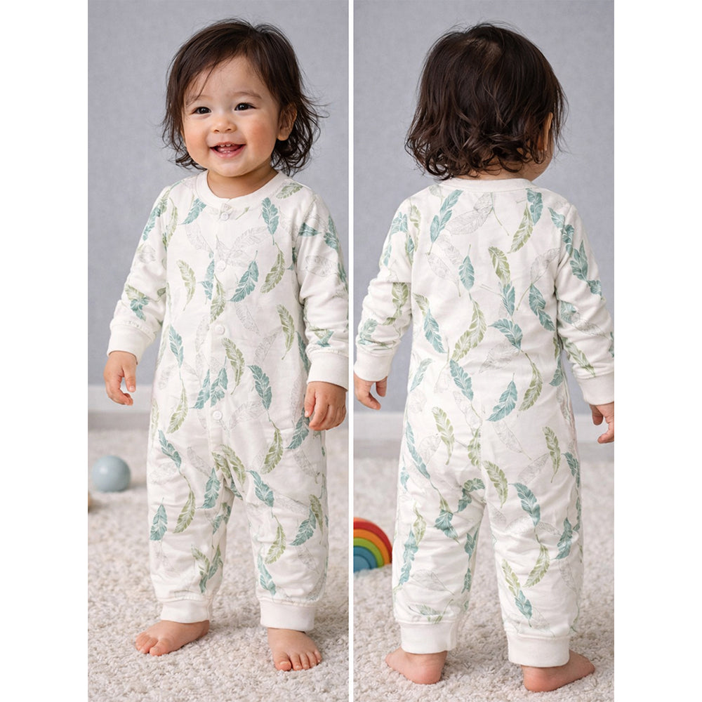Green Leaves, Full Sleeves Jumpsuit Romper for Tiny Toddlers