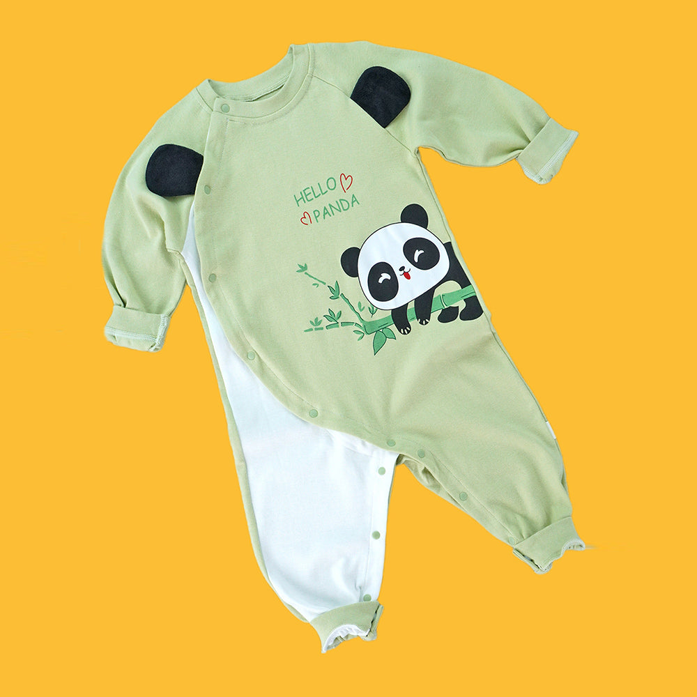 Green Panda full sleeves jumpsuit style Romper for Tiny Toddlers